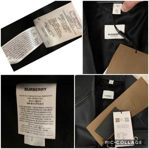 Collage of Burberry labels on a black garment with visible text.