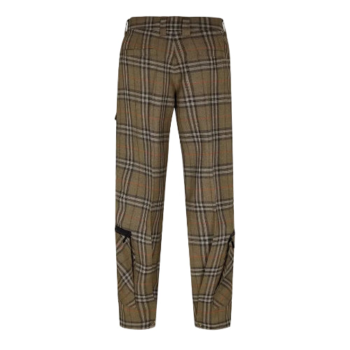 A pair of plaid trousers in a brown, beige, and black tartan pattern with subtle orange lines, shown against a light gray background.