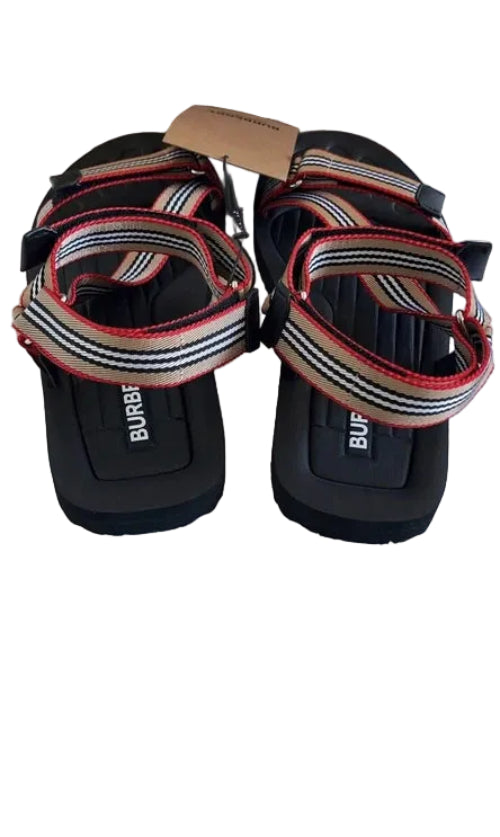 Burberry sandals with a branded box and dust bag on a white surface
