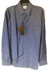 A men's long-sleeve button-down shirt with a blue and white striped chevron pattern, featuring a chest pocket and a matching necktie, shown on a black hanger with a brown paper tag.