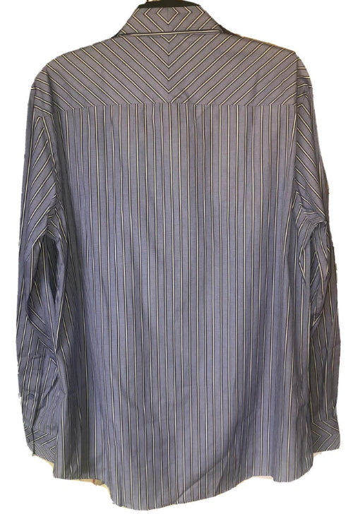 A long-sleeve button-down shirt with a fine vertical stripe pattern in light blue and white, shown from the back on a hanger.