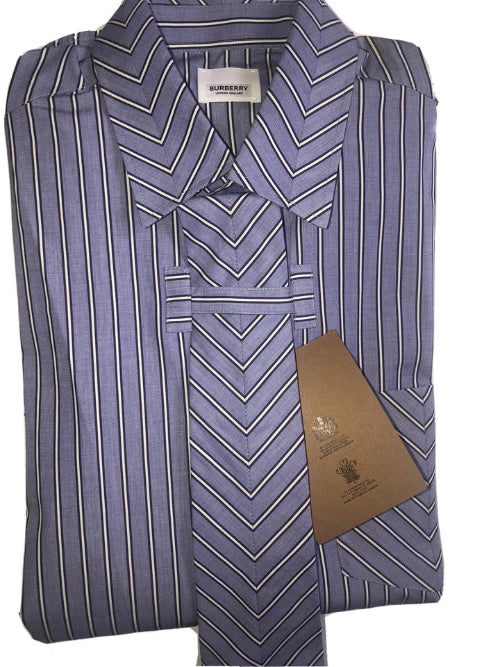 A folded Burberry men's dress shirt and matching necktie set in a dusty purple color with white and navy vertical stripes, featuring a brown paper tag.