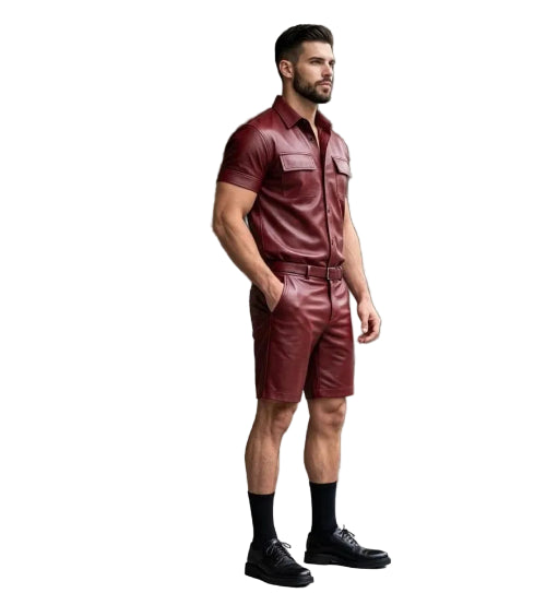 Man wearing a maroon outfit standing in an urban setting