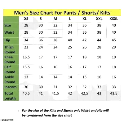 Men's size chart for pants, shorts, and kilts with measurements in centimeters.