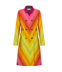 A double-breasted long coat with a bold chevron pattern in shades of pink, orange, yellow, and green, displayed on a clean white background.