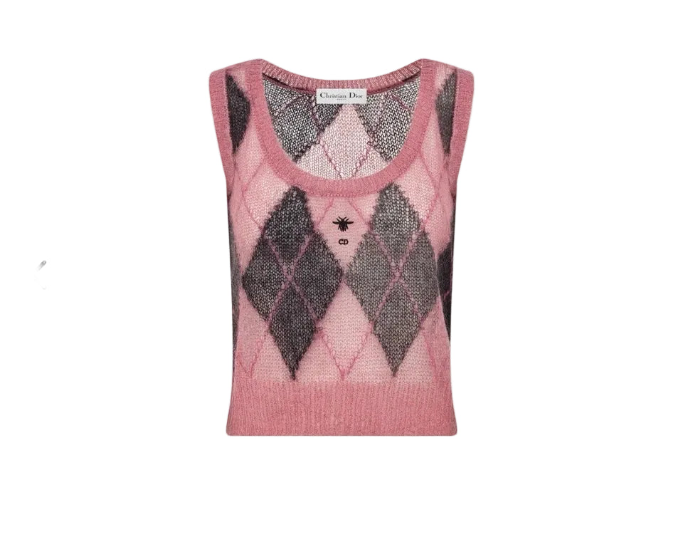 A sleeveless knit sweater vest featuring a pink and gray argyle pattern, displayed on a light gray background.