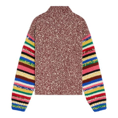 A knit sweater with a textured, speckled brown and beige body and vibrant, multicolored striped sleeves, shown against a light gray background.