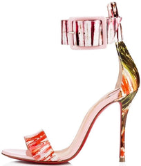 Colorful high-heeled shoe with abstract design on a white background