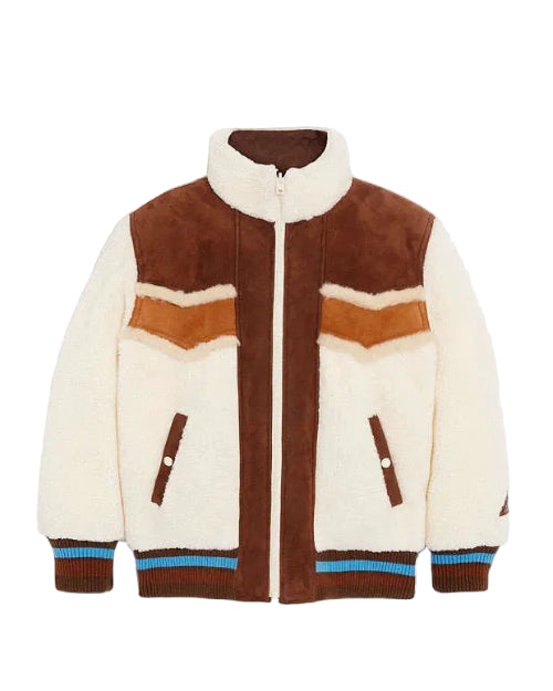 Two-tone brown and white jacket with a fur-lined hood on a light gray background