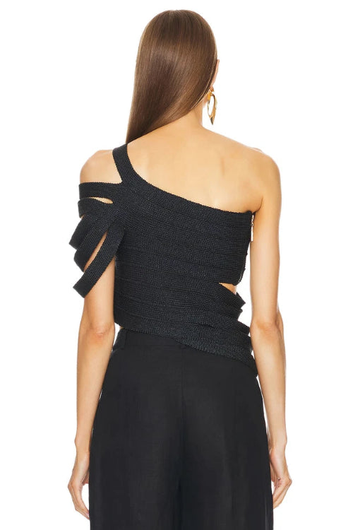 Black one-shoulder dress with cut-out design on a white background