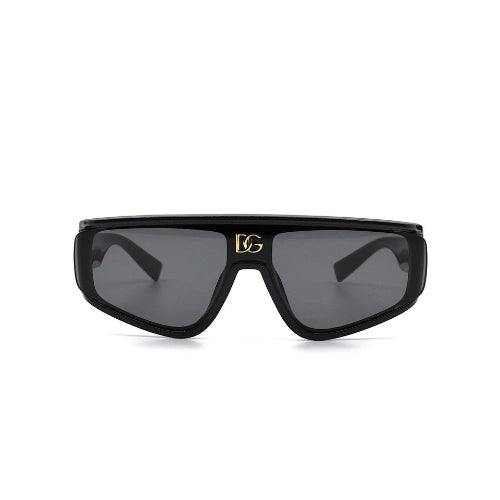 Black sunglasses with a gold logo on a white background