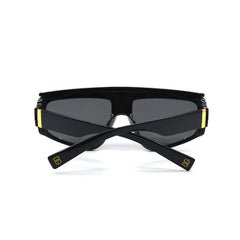 Black sunglasses with gold accents on a white background
