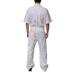 Person wearing a white work uniform with a shirt and pants on a white background