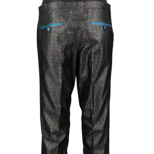 Black patterned pants with blue zippers on a white background