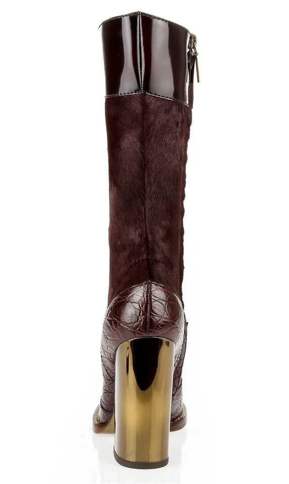 Dolce & Gabbana Bordeaux Calf Hair Crocodile Leather Cap Toe Boots