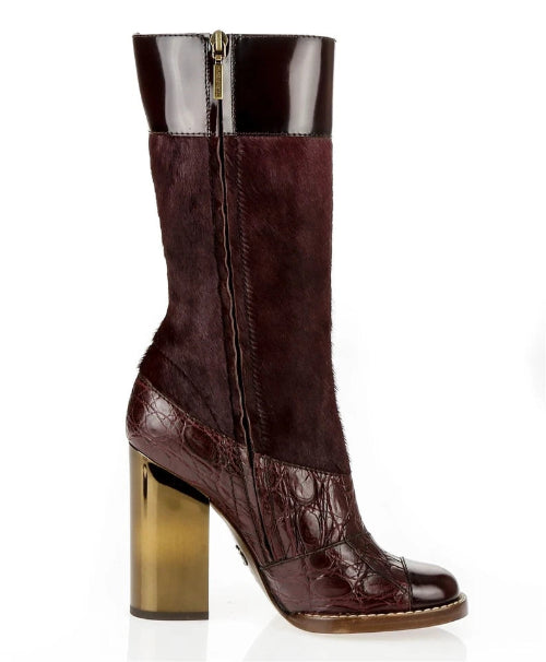 Dolce & Gabbana Bordeaux Calf Hair Crocodile Leather Cap Toe Boots