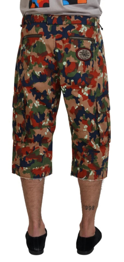 Camouflage shorts with a visible brand logo on a white background