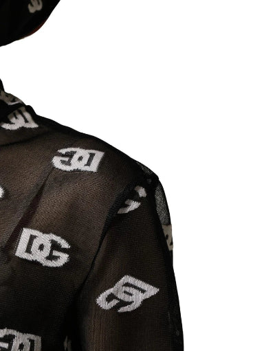Black garment with white logos on a white background