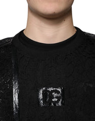 Black textured sweater with a logo on a white background