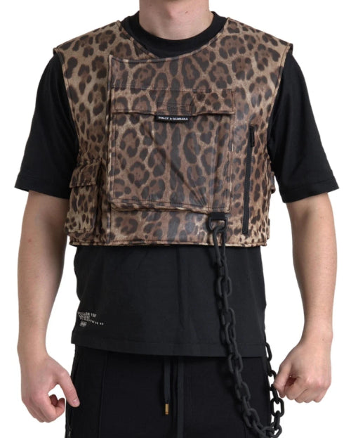 Person wearing a leopard print tactical vest over a black shirt on a white background