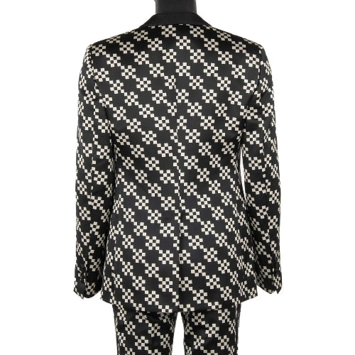 Black and white checkered suit jacket on a mannequin against a white background