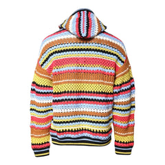 A multicolor striped knit hoodie with a hood, featuring horizontal bands of red, orange, yellow, green, blue, and pink, shown against a plain white background.