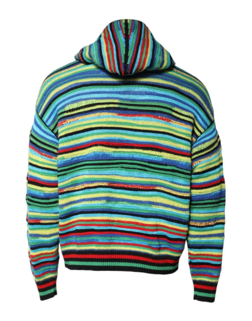 A knitted pullover hoodie with horizontal multicolor stripes in blue, green, yellow, red, orange, and black, shown from the back on a white background.
