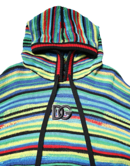 Colorful striped hoodie with a brand logo on a white background