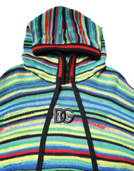 Colorful striped hoodie with a brand logo on a white background