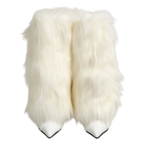 Dolce & Gabbana White Faux Fur Pointed Stiletto Boots
