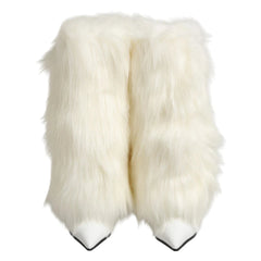 Dolce & Gabbana White Faux Fur Pointed Stiletto Boots