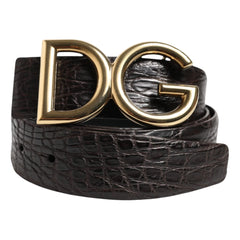 Brown leather belt with gold DG buckle on a white background