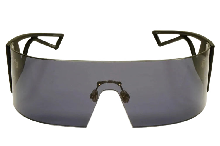 Sleek sunglasses with black frame and large gray lenses on a white background