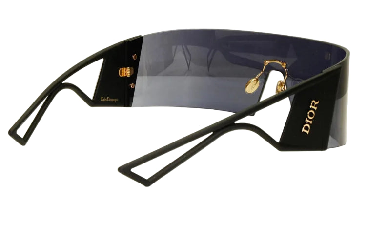 Black sunglasses with gold accents on a white background