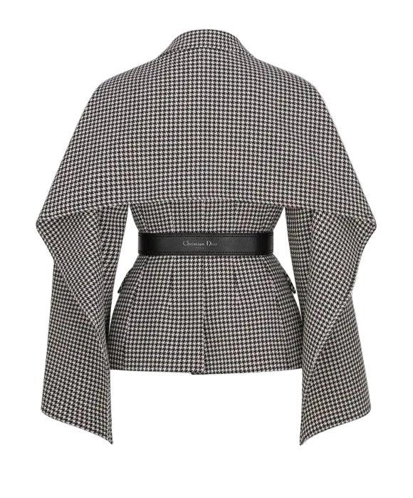 A structured gray wrap jacket with a wide collar and a black belt at the waist, shown against a plain white background.