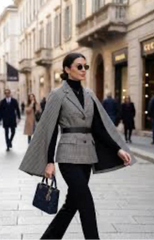 A woman walking on a city street wearing a gray and black checkered cape jacket over a black outfit, holding a dark blue handbag.