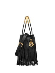 A black leather tassel bag with gold-tone hardware and a gold-tone logo medallion, shown against a plain white background.
