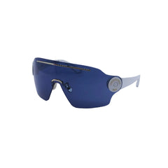 Blue sunglasses with a brand logo on a light gray background