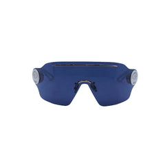 Blue sunglasses with a gold frame on a light gray background