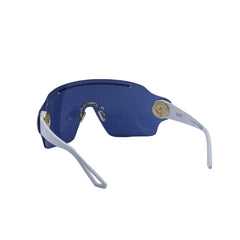 Sunglasses with a blue lens and silver frame on a white background