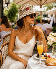 Woman in a white dress and sun hat sitting at an outdoor table with a plate of food.