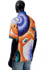 Mannequin wearing a colorful jacket with abstract design on a white background