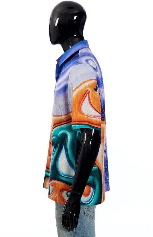 Colorful jacket with abstract design on a mannequin against a white background