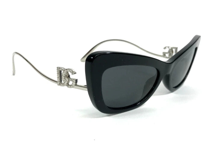 Black sunglasses with silver frame on a white background