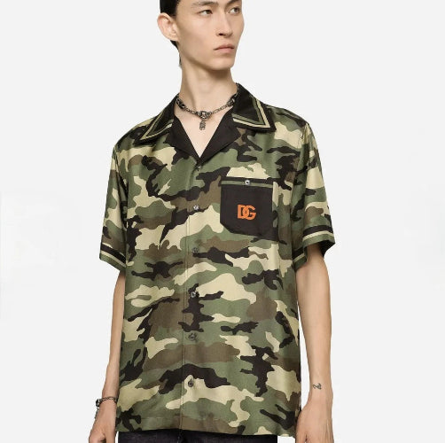 Person wearing a camouflage shirt with a brand logo on a white background
