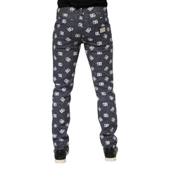 Dark gray jogger pants with a pattern on a white background