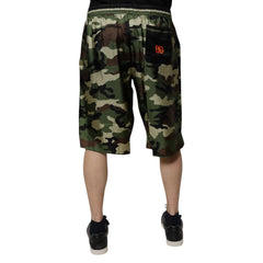 Camouflage shorts with a brand logo on a white background