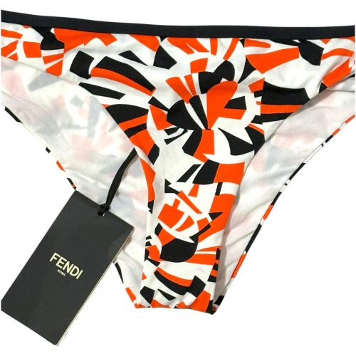 Fendi branded swim briefs with a colorful abstract pattern on a white background