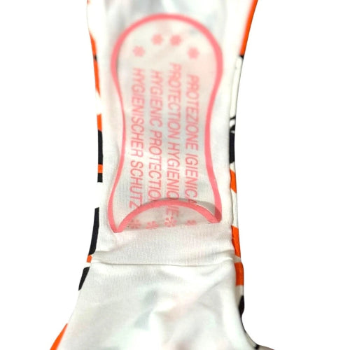 White athletic outfit with red text on a white background