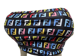 Black tube top with colorful logo pattern on a mannequin against a white background